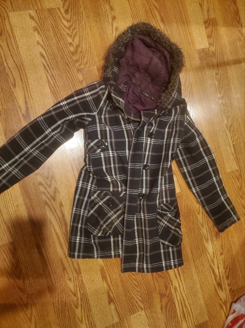 Vintage Volcom Plaid Double-Breasted Women’s Coat - Black/Gray/purple